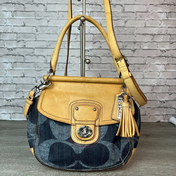 Rare Y2k Coach Legacy Willis 2-Way Carry Denim, & Tan Turn Lock 19968 - Picture 1 of 9